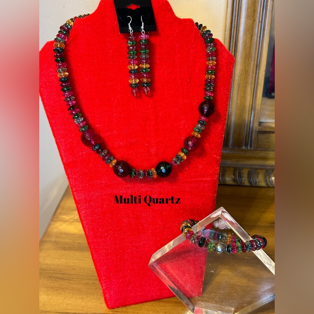 2Pc Handcrafted Semi-Precious Gemstone Quartz Necklace & earring set.
